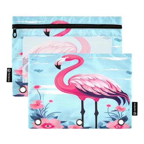 MCHIVER Federmäppchen mit pinken Flamingoblumen, für 3-Ringbinder, Bleistiftbeutel mit Reißverschlüssen, transparentes Fenster, Bindertaschen, Bleistifttaschen für Büro, Arbeit, Alltag, Organizer, 2 von MCHIVER