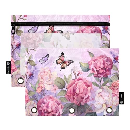 MCHIVER Federmäppchen mit rosa Blumen und Schmetterlingen für 3-Ringbinder, Bleistiftbeutel mit Reißverschlüssen, transparentes Fenster, Bindertaschen, Bleistifttaschen für Arbeit, Büro, Alltag, von MCHIVER