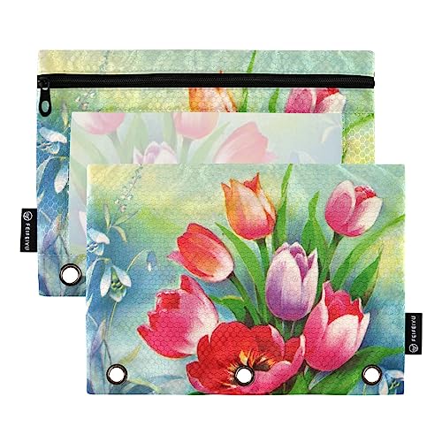 MCHIVER Federtaschen mit Frühlingsblumen, für 3-Ringbuch-Bleistiftbeutel mit Reißverschlüssen, durchsichtiges Fenster, Bindertaschen, Bleistifttaschen für Büro, Arbeit, täglicher Organizer, 2 von MCHIVER