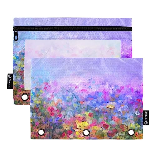 MCHIVER Federtaschen mit Frühlingsblumen, violett, für 3-Ringbuch-Bleistiftbeutel mit Reißverschlüssen, durchsichtiges Fenster, Bindertaschen, Bleistifttaschen für Arbeit, Alltag, Büro, 2 Packungen von MCHIVER