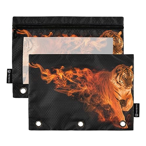 MCHIVER Fire Tiger schwarzes Federmäppchen für 3-Ringbuch-Bleistiftbeutel mit Reißverschlüssen, durchsichtiges Fenster, Bindertaschen, Bleistifttaschen für Büro, tägliche Arbeit, 2 Packungen von MCHIVER