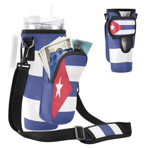 MCHIVER Flaggen-Wasserflaschenhalter mit Handytaschen für 1,2 l Becher mit Griff, Wasserflaschen-Tragetasche für Fitnessstudio, Wandern, Kuba Flagge, Einheitsgröße von MCHIVER