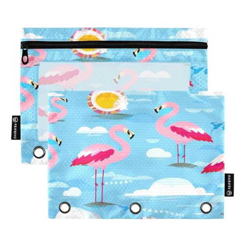 MCHIVER Flamingo Cloud Federmäppchen für 3-Ringbinder, Bleistifttaschen mit Reißverschlüssen, transparentes Fenster, Bindertaschen, Bleistiftbeutel für den täglichen Organizer, Büroarbeit, 2 Packungen von MCHIVER