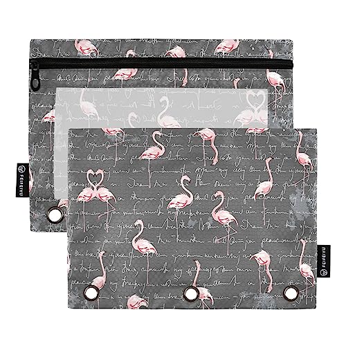 MCHIVER Flamingo Federmäppchen für 3-Ringbuch-Bleistiftbeutel mit Reißverschlüssen, durchsichtiges Fenster, Bindertaschen, Bleistifttaschen für Arbeit, Alltag, Organizer, Büro, 2 Packungen von MCHIVER