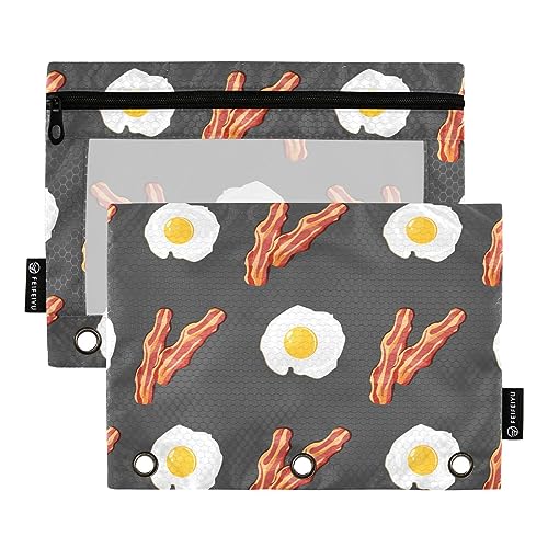 MCHIVER Fried Eggs Bacon Pencil Pouch for 3 Ring Binder Pencil Pouches with Zippers Clear Window Binder Pockets Pencil Bags for Work Daily Office 2 Packs von MCHIVER