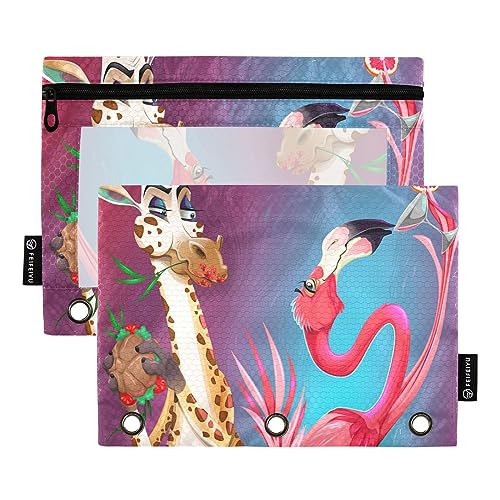 MCHIVER Giraffe Flamingo Federmäppchen für 3-Ringbuch-Bleistiftbeutel mit Reißverschlüssen, durchsichtiges Fenster, Bindertaschen, Bleistifttaschen für Organizer, Büro, Arbeit, täglich, 2 Packungen von MCHIVER