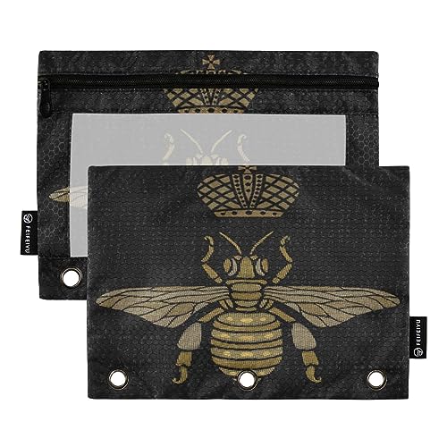 MCHIVER Golden Embroidery Patch Bee Pencil Pouch for 3 Ring Binder Pencil Pouches with Zippers Clear Window Binder Pockets Pencil Bags for Daily Organzier Office Work 2 Packs von MCHIVER