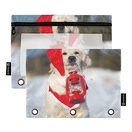 MCHIVER Golden Retriever Hunde-Laternen-Federmäppchen für 3-Ringbuch-Bleistiftbeutel mit Reißverschlüssen, durchsichtiges Fenster, Bindertaschen, Bleistifttaschen für Arbeit, Alltag, Organizer, Büro, von MCHIVER