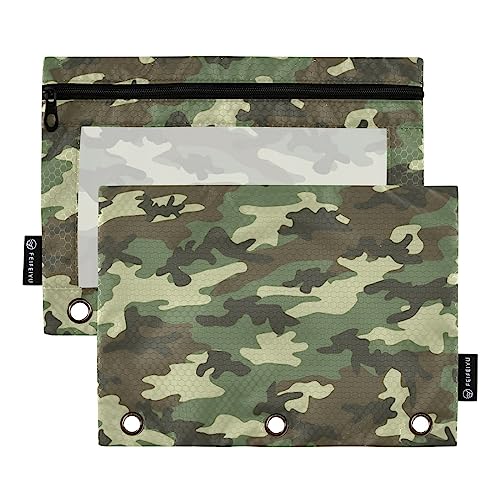 MCHIVER Grün-braunes Camouflage-Federmäppchen für 3-Ring-Bleistiftbeutel mit Reißverschlüssen, durchsichtiges Fenster, Bindertaschen, Bleistiftbeutel für den täglichen Organizer, Büroarbeit, 2 von MCHIVER