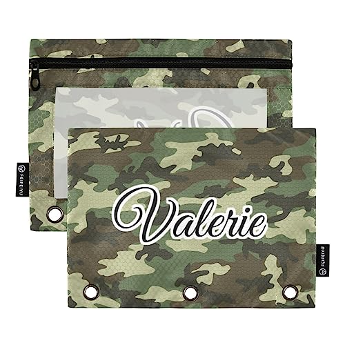 MCHIVER Grün-braunes Camouflage-Federmäppchen für 3-Ringbuch, personalisierbar mit Reißverschluss, transparentes Fenster, Bindertaschen, Bleistifttaschen für Büro, tägliche Arbeit, 2 Packungen von MCHIVER