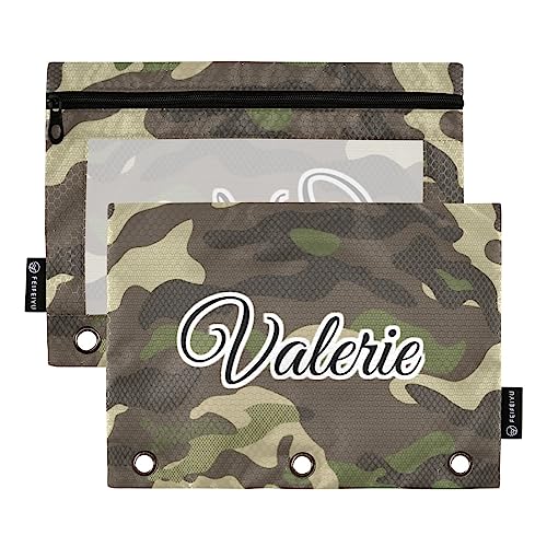 MCHIVER Grün-graue Camoflage, personalisiertes Federmäppchen für 3-Ringbücher, personalisierbar mit Reißverschluss, transparentes Fenster, Bindertaschen, Bleistifttaschen für Büro, Arbeit, Alltag, von MCHIVER