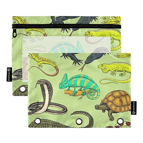 MCHIVER Grüne Tiere Schlange Schildkröte Federmäppchen für 3 Ringbuch-Bleistiftbeutel mit Reißverschlüssen Klarsichtfenster Binder Taschen Bleistifttaschen für den täglichen Organizer Büro Arbeit 2 von MCHIVER