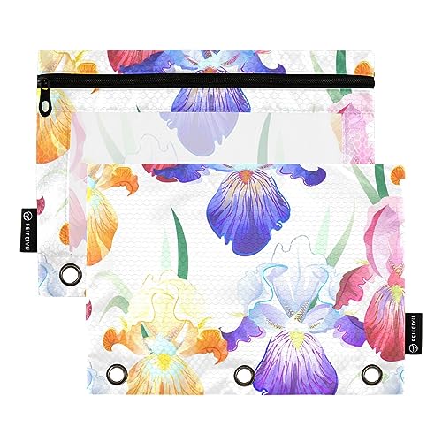 MCHIVER Iris Flowers Federmäppchen für 3-Ringbuch-Bleistiftbeutel mit Reißverschlüssen, durchsichtiges Fenster, Bindertaschen, Bleistiftbeutel für Arbeit, Büro, täglicher Organizer, 2 Packungen von MCHIVER