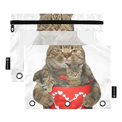 MCHIVER Katzen-Federmäppchen für 3-Ring-Binder, Federmäppchen mit Reißverschlüssen, transparentes Fenster, Bindertaschen, Bleistifttaschen für Arbeit, Alltag, Organizer, Büro, 2 Packungen von MCHIVER