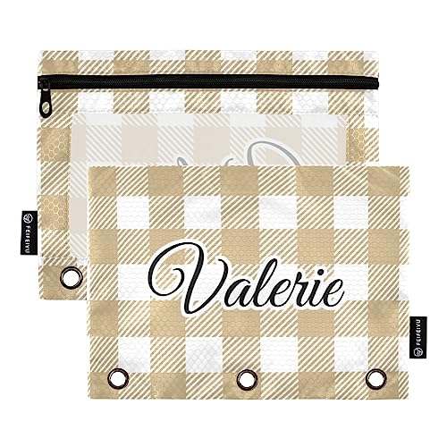 MCHIVER Khaki Buffalo Plaid Karo Personalisierte Bleistifttasche für 3-Ringbuch Custom Your Name Pencil Pouches with Zippers Clear Window Binder Pockets Pencil Bags for Work Daily Office 2 Packs von MCHIVER