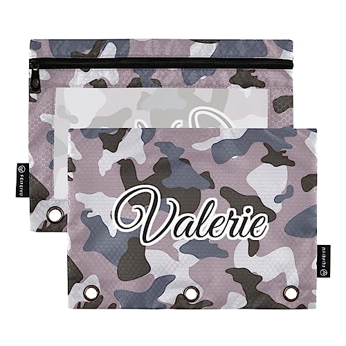 MCHIVER Lila Schwarz Camouflage Personalisierte Bleistifttasche für 3 Ringbuch Custom Your Name Pencil Pouches with Zippers Clear Window Binder Pockets Pencil Bags for Work Daily Office 2 Packs von MCHIVER