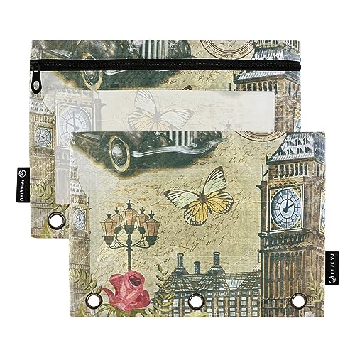 MCHIVER London Vintage Poster Pencil Pouch for 3 Ring Binder Pencil Pouches with Zippers Clear Window Binder Pockets Pencil Bags for Office Work Daily Organzier 2 Packs von MCHIVER