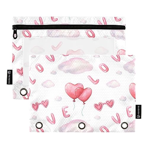 MCHIVER Love Balloons Valentinstag Federmäppchen für 3 Ringbuch-Bleistiftbeutel mit Reißverschlüssen, durchsichtiges Fenster, Bindertaschen, Bleistifttaschen für Arbeit, Büro, täglicher Organizer, 2 von MCHIVER