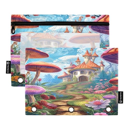 MCHIVER Magic Mushrooms Federmäppchen für 3-Ringbinder, Bleistiftbeutel mit Reißverschlüssen, transparentes Fenster, Bindertaschen, Bleistifttaschen für Arbeit, Büro, Alltag, 2 Packungen von MCHIVER