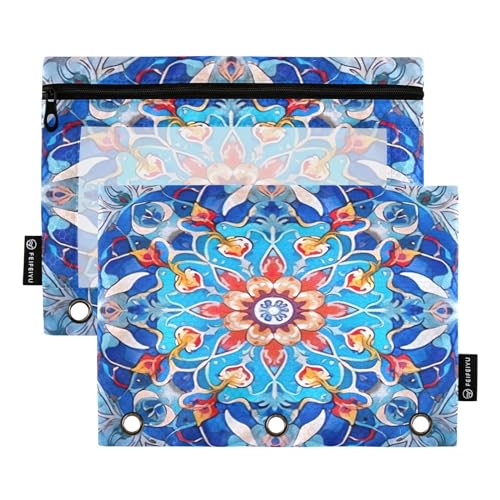 MCHIVER Mandala-Boho-Blumen-Federmäppchen für 3-Ringbinder, Bleistiftbeutel mit Reißverschlüssen, transparentes Fenster, Bindertaschen, Bleistifttaschen für Büro, tägliche Arbeit, 2 Packungen von MCHIVER