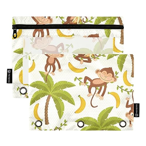 MCHIVER Monkey Palm Tree Pencil Pouch for 3 Ring Binder Pencil Pouches with Zippers Clear Window Binder Pockets Pencil Bags for Office Daily Work 2 Packs von MCHIVER