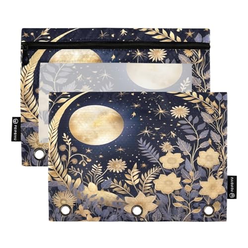 MCHIVER Moon Boho-Blätter-Bleistifttasche für 3-Ringbinder, Bleistiftbeutel mit Reißverschlüssen, transparentes Fenster, Bindertaschen, Bleistiftbeutel für den täglichen Organizer, Büroarbeit, 2 von MCHIVER