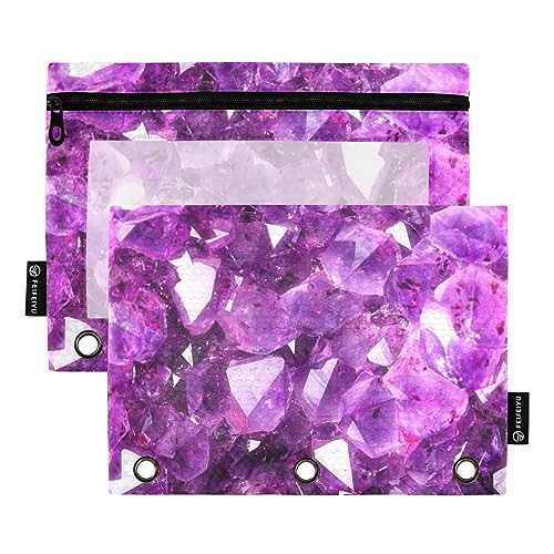 MCHIVER Natürliches Amethyst-Federmäppchen für 3-Ring-Bleistiftbeutel mit Reißverschlüssen, durchsichtiges Fenster, Bindertaschen, Bleistiftbeutel für Büroarbeit, täglicher Organizer, 2 Packungen von MCHIVER