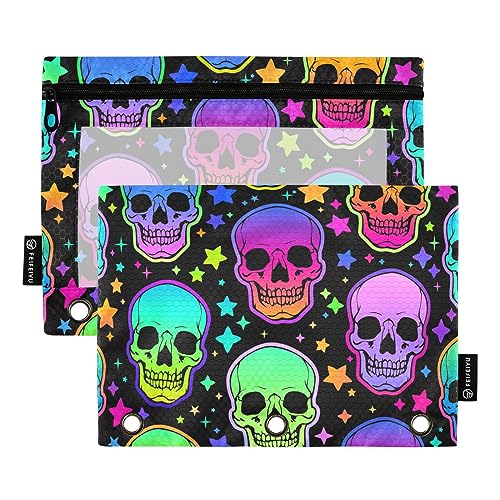 MCHIVER Neon Skulls Pencil Pouch for 3 Ring Binder Pencil Pouches with Zippers Clear Window Binder Pockets Pencil Bags for Daily Organzier Office Work 2 Packs von MCHIVER