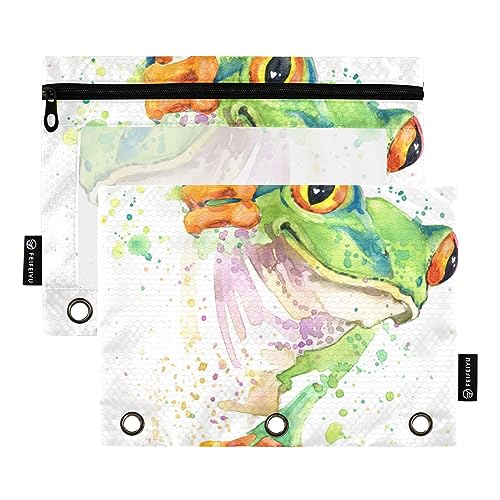 MCHIVER Niedliches Frosch-Aquarell-Federmäppchen für 3-Ring-Bleistiftbeutel mit Reißverschlüssen, durchsichtiges Fenster, Bindertaschen, Bleistifttaschen für Erwachsene, Arbeit, Alltag, Büro, 2 von MCHIVER