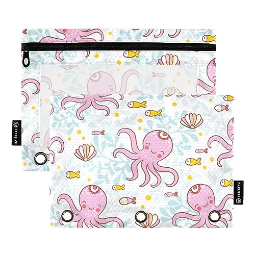 MCHIVER Octopuses Federmäppchen mit Fischkorallen, Muscheln, für 3-Ringbuch-Bleistiftbeutel mit Reißverschlüssen, durchsichtiges Fenster, Bindertaschen, Bleistifttaschen für Arbeit, Alltag, Büro, von MCHIVER