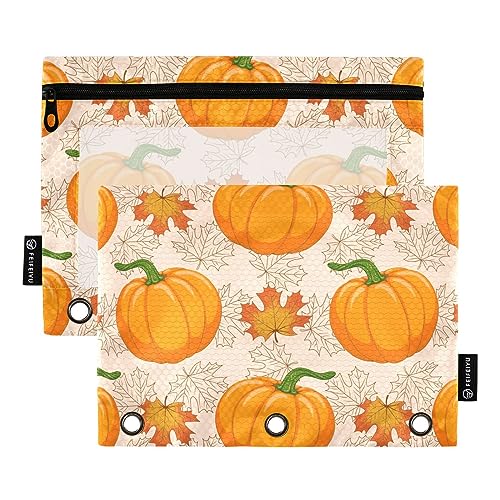 MCHIVER Orange Kürbis Herbst Ahorn Bleistift Tasche für 3 Ringbuch Bleistift Taschen mit Reißverschlüssen Klarfenster Binder Taschen Bleistift Taschen für den täglichen Organizer Büro Arbeit 2 von MCHIVER