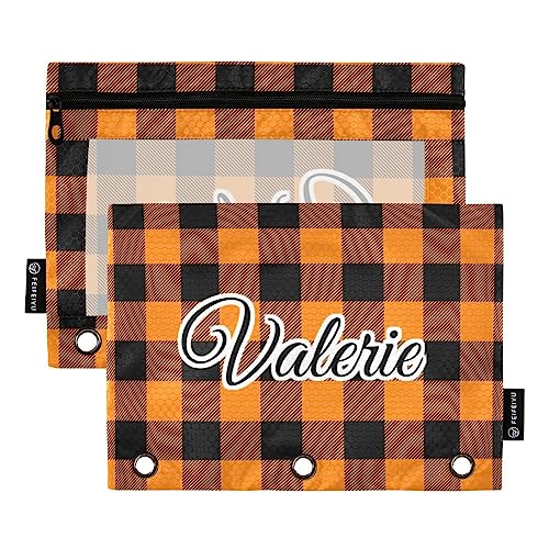 MCHIVER Orange Plaid Personalisierte Bleistifttasche für 3-Ringbuch Custom Your Name Pencil Pouches with Zippers Clear Window Binder Pockets Pencil Bags for Work Office Daily 2 Packs von MCHIVER