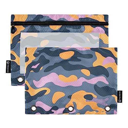 MCHIVER Orange Schwarz Camouflage Federmäppchen für 3 Ringbuch-Bleistiftbeutel mit Reißverschlüssen, klares Fenster, Bindertaschen, Bleistifttaschen für Büro, Arbeit, Alltag, Organizer, 2 Packungen von MCHIVER