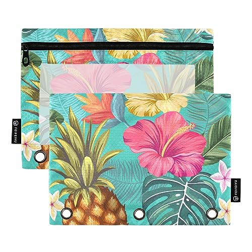 MCHIVER Pineapple Hibiscus Tropical Pencil Pouch for 3 Ring Binder Pencil Pouches with Zippers Clear Window Binder Pockets Pencil Bags for Work Daily Office 2 Packs von MCHIVER