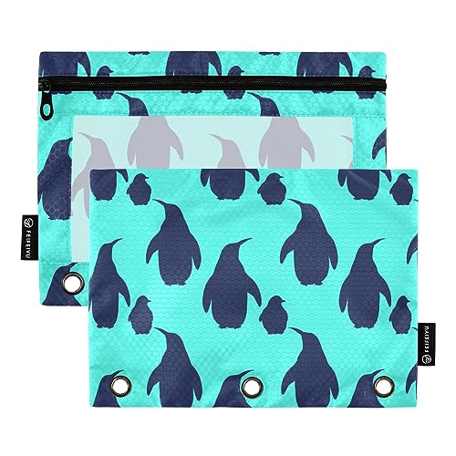 MCHIVER Pinguin blaues Federmäppchen für 3-Ringbuch-Bleistiftbeutel mit Reißverschlüssen, durchsichtiges Fenster, Bindertaschen, Bleistifttaschen für Erwachsene, Arbeit, Alltag, Büro, 2 Packungen von MCHIVER