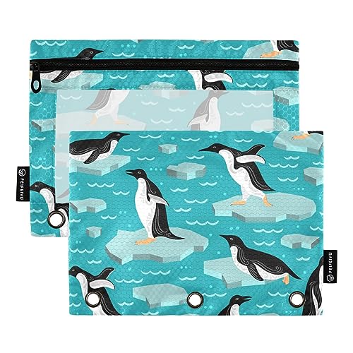 MCHIVER Pinguine Eismeer-Federmäppchen für 3-Ring-Bindemappen, mit Reißverschlüssen, durchsichtiges Fenster, Bindertaschen, Bleistiftbeutel für Arbeit, Büro, täglicher Organizer, 2 Packungen von MCHIVER