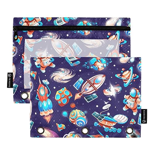 MCHIVER Planet Spaceship Galaxy Pencil Pouch for 3 Ring Binder Pencil Pouches with Zippers Clear Window Binder Pockets Pencil Bags for Work Daily Organzier Office 2 Packs von MCHIVER