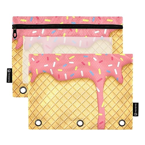 MCHIVER Rosa Eiscreme-Bleistiftbeutel für 3-Ring-Bleistiftbeutel mit Reißverschlüssen, durchsichtiges Fenster, Bindertaschen, Bleistifttaschen für Organizer, Büro, Arbeit, täglich, 2 Packungen von MCHIVER