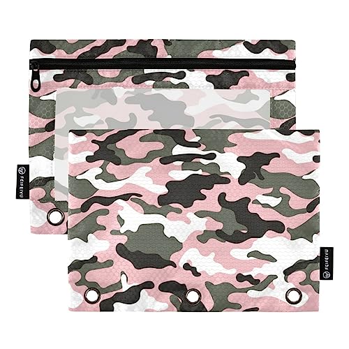 MCHIVER Rosa Grün Camouflage Federmäppchen für 3 Ringbuch-Bleistiftbeutel mit Reißverschlüssen Klarsichtfenster Bindertaschen Bleistiftbeutel für Organizer Büro Arbeit Alltag 2 Packungen von MCHIVER