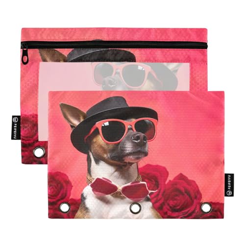 MCHIVER Rose Dog Valentinstag Federmäppchen für 3 Ringbücher, Bleistiftbeutel mit Reißverschlüssen, transparentes Fenster, Bindertaschen, Bleistifttaschen für Arbeit, Büro, Alltag, 2 Packungen von MCHIVER