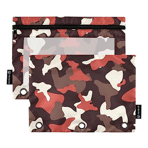 MCHIVER Rot Schwarz Camouflage Federmäppchen für 3 Ringbuch-Bleistiftbeutel mit Reißverschlüssen Klarsichtfenster Bindertaschen Bleistiftbeutel für Organizer Büro Arbeit Alltag 2 Packungen von MCHIVER