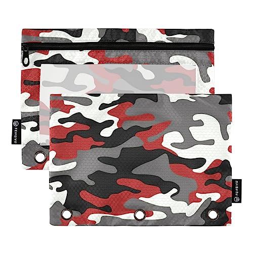 MCHIVER Rot Weiß Camouflage Federmäppchen für 3 Ringbuch-Bleistiftbeutel mit Reißverschlüssen, klares Fenster, Bindertaschen, Bleistifttaschen für Arbeit, Büro, Alltag, 2 Packungen von MCHIVER