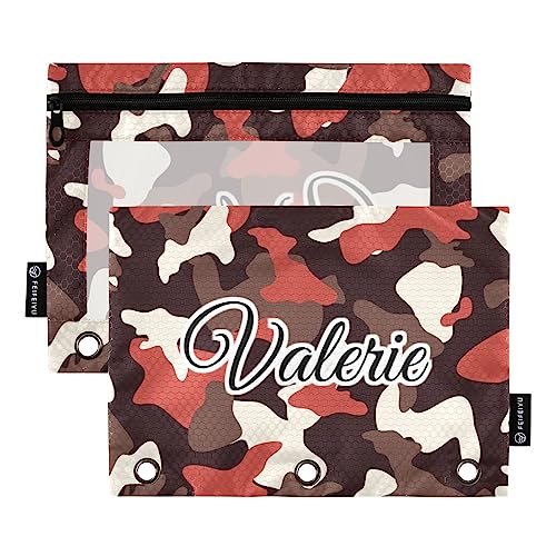 MCHIVER Rot-schwarze Camouflage-Federmäppchen für 3-Ringbücher, personalisierbar mit Reißverschluss, transparentes Fenster, Bindertaschen, Bleistifttaschen für Arbeit, Büro, Alltag, 2 Packungen von MCHIVER