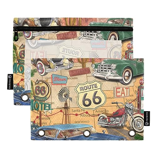 MCHIVER Route 66 Federmäppchen für 3-Ringbuch-Bleistiftbeutel mit Reißverschlüssen, durchsichtiges Fenster, Bindertaschen, Bleistifttaschen für Büroarbeit, täglicher Organizer, 2 Packungen von MCHIVER