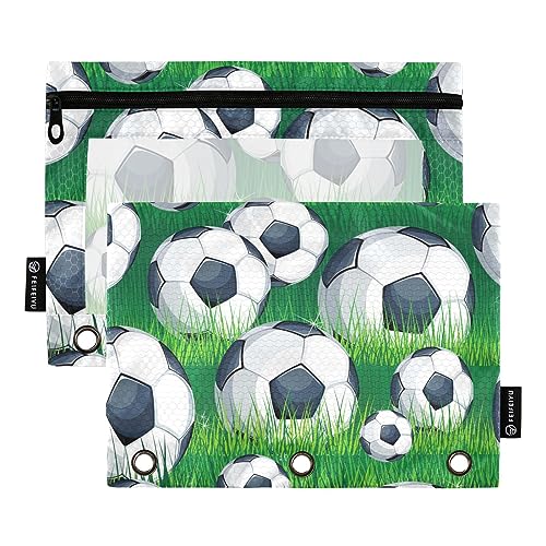 MCHIVER Schöne Fußball-Bleistiftbeutel für 3-Ring-Bleistiftbeutel mit Reißverschlüssen, durchsichtiges Fenster, Bindertaschen, Bleistifttaschen für Büro, Arbeit, täglich, Organizer, 2 Packungen von MCHIVER