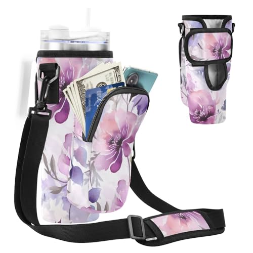 MCHIVER Schöner Wasserflaschenhalter mit Handytaschen für 1,2 l Becher mit Griff, Flaschen-Tragetasche mit Gurt, Violett, Schöne violette Blumen, Einheitsgröße von MCHIVER