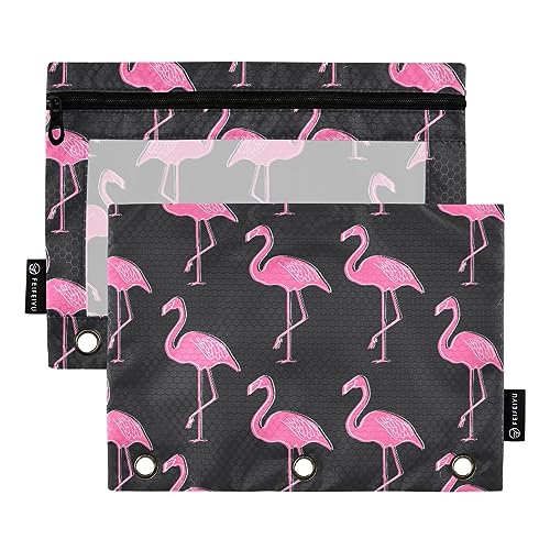 MCHIVER Schwarzes Flamingo-Federmäppchen für 3-Ringbuch-Bleistiftbeutel mit Reißverschlüssen, durchsichtiges Fenster, Bindertaschen, Bleistifttaschen für Arbeit, Büro, Alltag, Organizer, 2 Packungen von MCHIVER