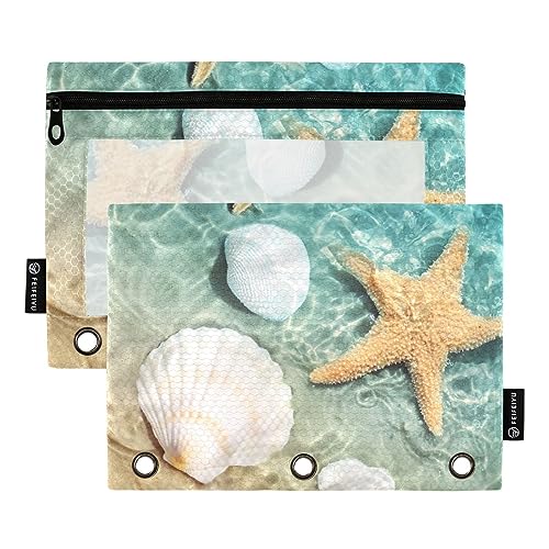 MCHIVER Sea Shell Seestern Federmäppchen für 3 Ringbuch-Bleistiftbeutel mit Reißverschlüssen, durchsichtiges Fenster, Bindertaschen, Bleistifttaschen für Arbeit, Alltag, Büro, 2 Packungen von MCHIVER