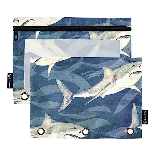 MCHIVER Shark Ocean Federmäppchen für 3-Ringbuch-Bleistiftbeutel mit Reißverschlüssen, durchsichtiges Fenster, Bindertaschen, Bleistifttaschen für Organizer, Büro, Arbeit, täglich, 2 Packungen von MCHIVER