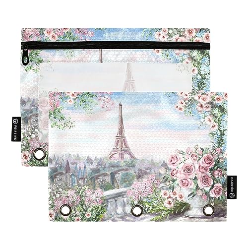 MCHIVER Sommer-Paris-Blumen-Federmäppchen für 3-Ringbuch-Bleistiftbeutel mit Reißverschlüssen, durchsichtiges Fenster, Bindertaschen, Bleistifttaschen für den täglichen Organizer, Büroarbeit, 2 von MCHIVER